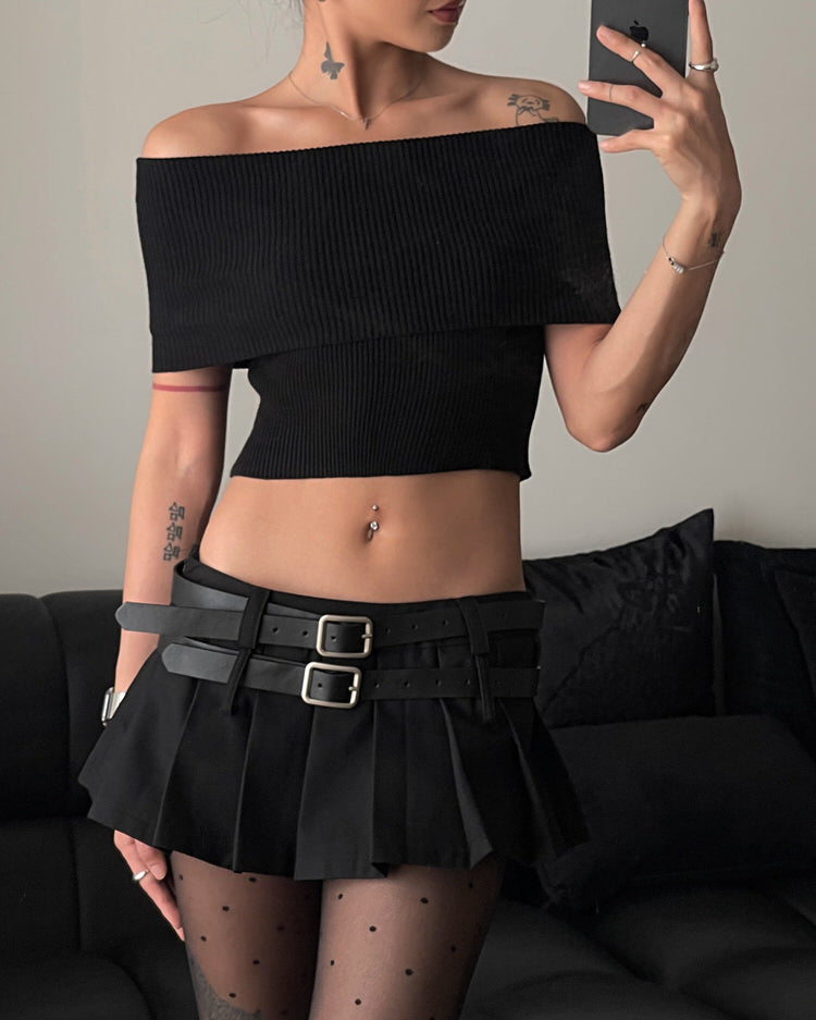 KHAKI PLEATED MINI SKIRT WITH BLACK BELTS FOR WOMEN