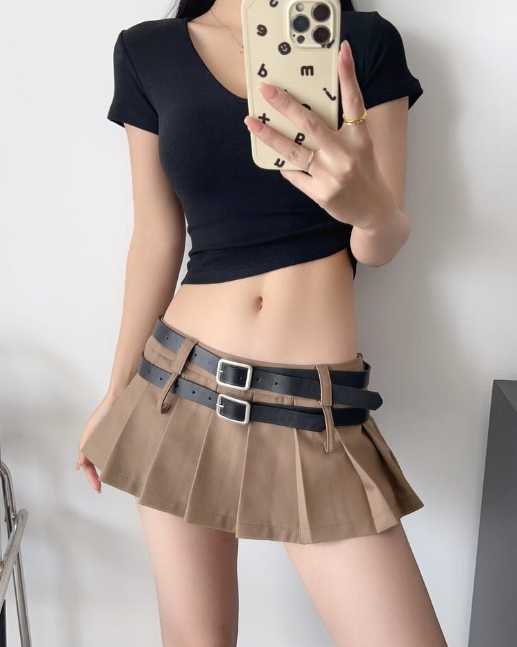 KHAKI PLEATED MINI SKIRT WITH BLACK BELTS FOR WOMEN