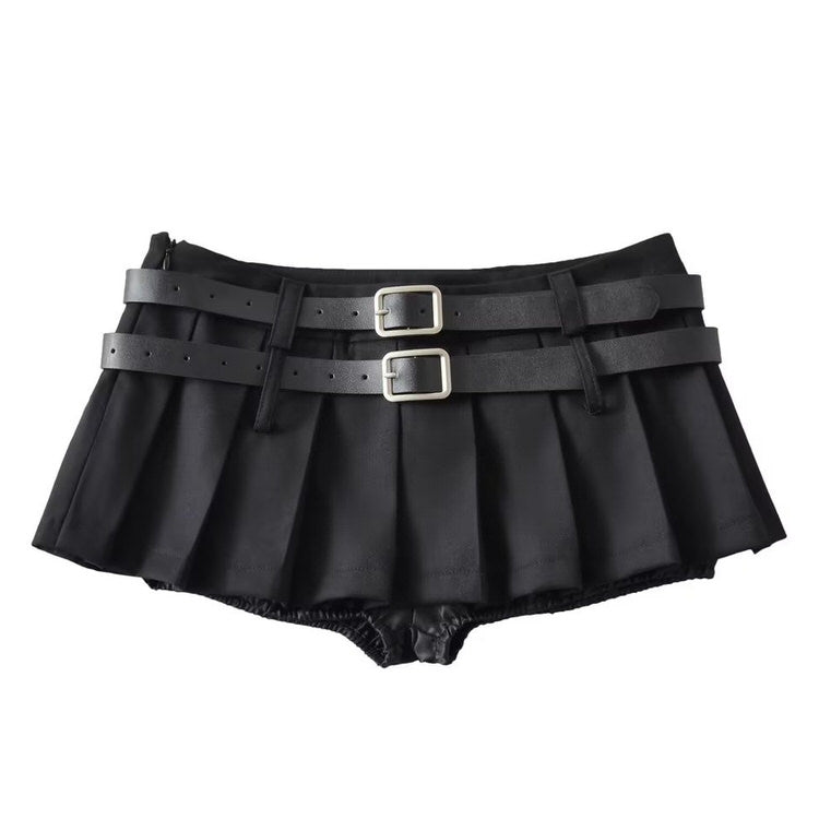 KHAKI PLEATED MINI SKIRT WITH BLACK BELTS FOR WOMEN