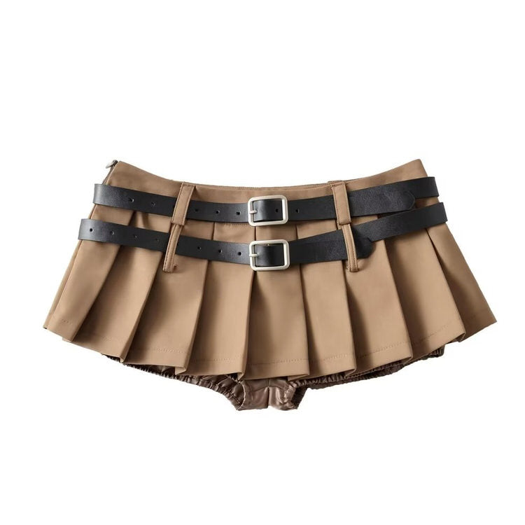 KHAKI PLEATED MINI SKIRT WITH BLACK BELTS FOR WOMEN