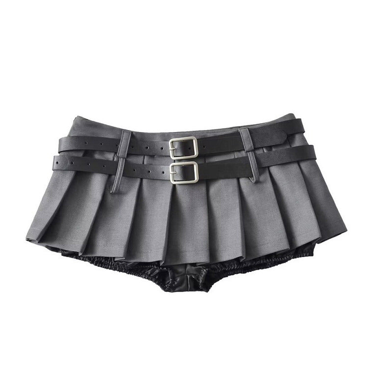 KHAKI PLEATED MINI SKIRT WITH BLACK BELTS FOR WOMEN