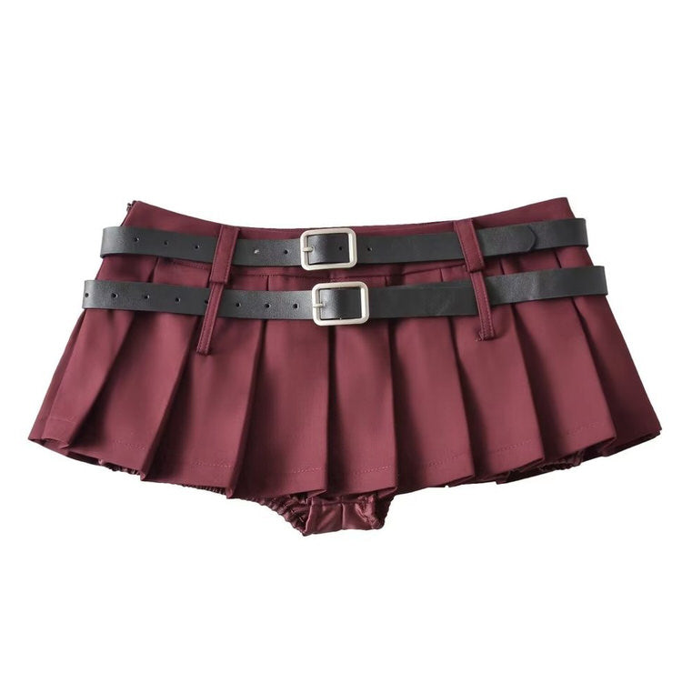 KHAKI PLEATED MINI SKIRT WITH BLACK BELTS FOR WOMEN