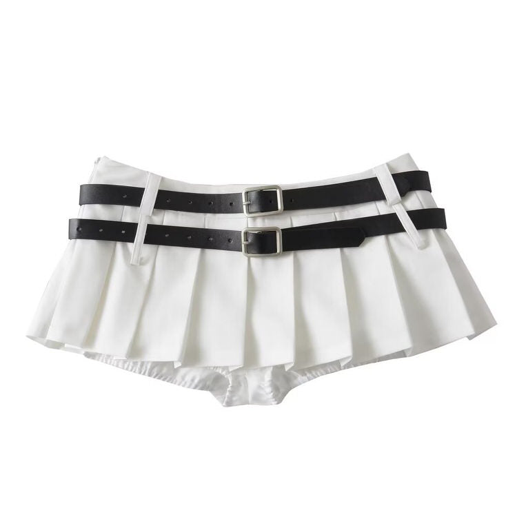 KHAKI PLEATED MINI SKIRT WITH BLACK BELTS FOR WOMEN