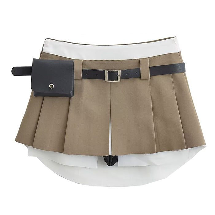 KHAKI PLEATED MINI SKIRT WITH WHITE TRIM FOR WOMEN