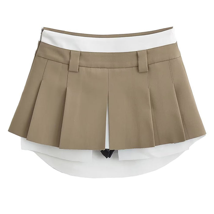 KHAKI PLEATED MINI SKIRT WITH WHITE TRIM FOR WOMEN