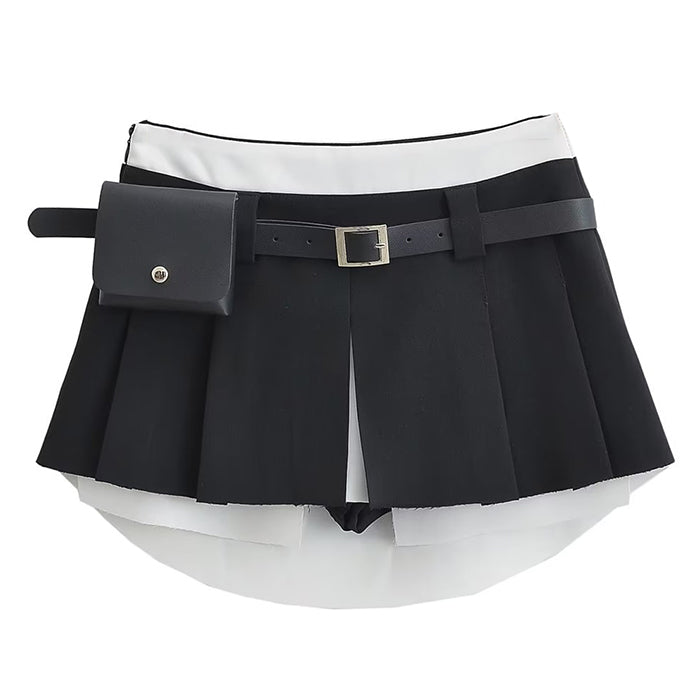 KHAKI PLEATED MINI SKIRT WITH WHITE TRIM FOR WOMEN