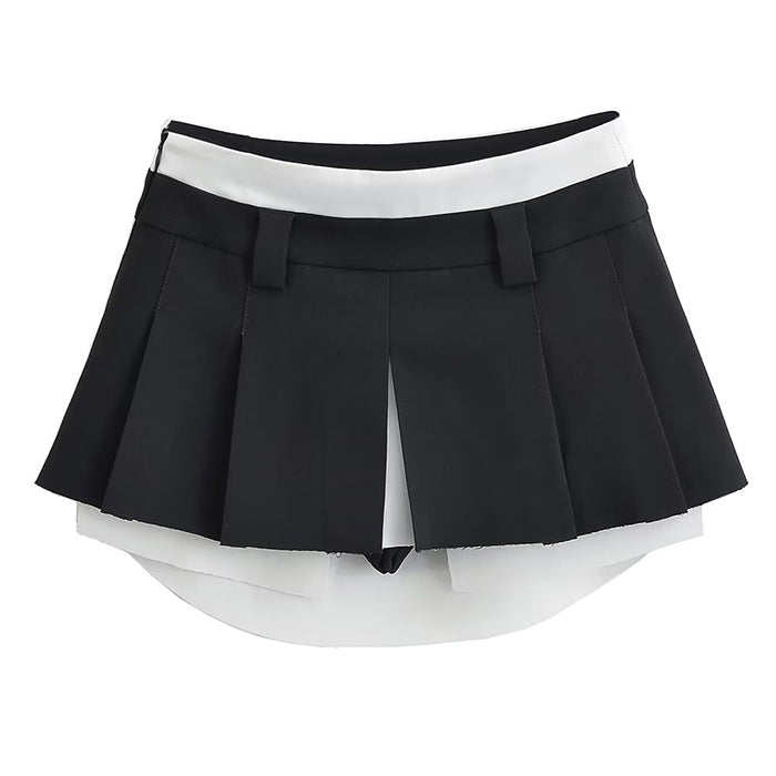 KHAKI PLEATED MINI SKIRT WITH WHITE TRIM FOR WOMEN