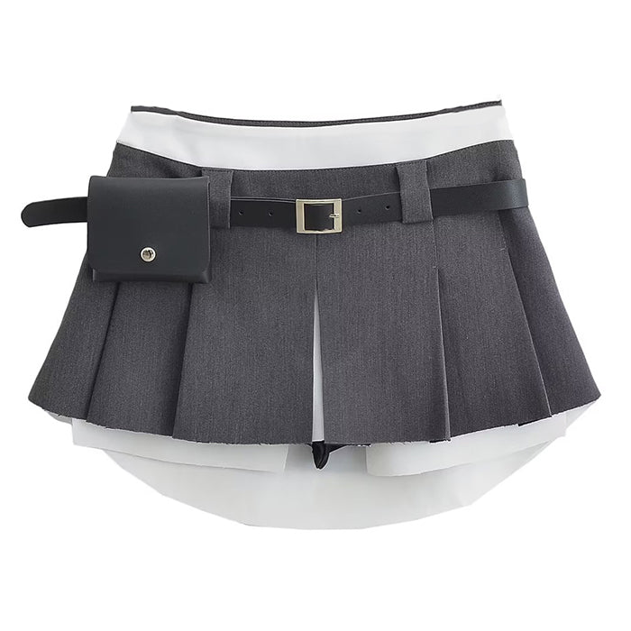KHAKI PLEATED MINI SKIRT WITH WHITE TRIM FOR WOMEN