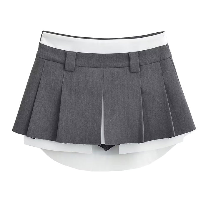 KHAKI PLEATED MINI SKIRT WITH WHITE TRIM FOR WOMEN