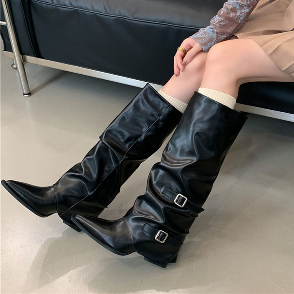KNEE HIGH PROBLEM CHILD BOOTS BLACK VEGAN LEATHER