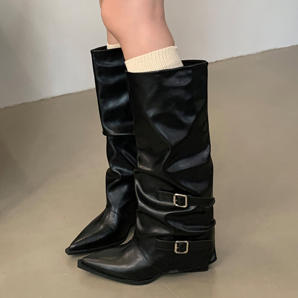 KNEE HIGH PROBLEM CHILD BOOTS BLACK VEGAN LEATHER