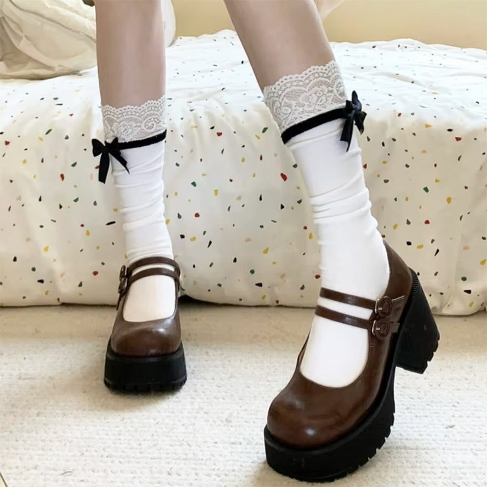 KNEE HIGH SOCKS WITH BLACK RIBBON BOW AND DELICATE LACE RUFFLE
