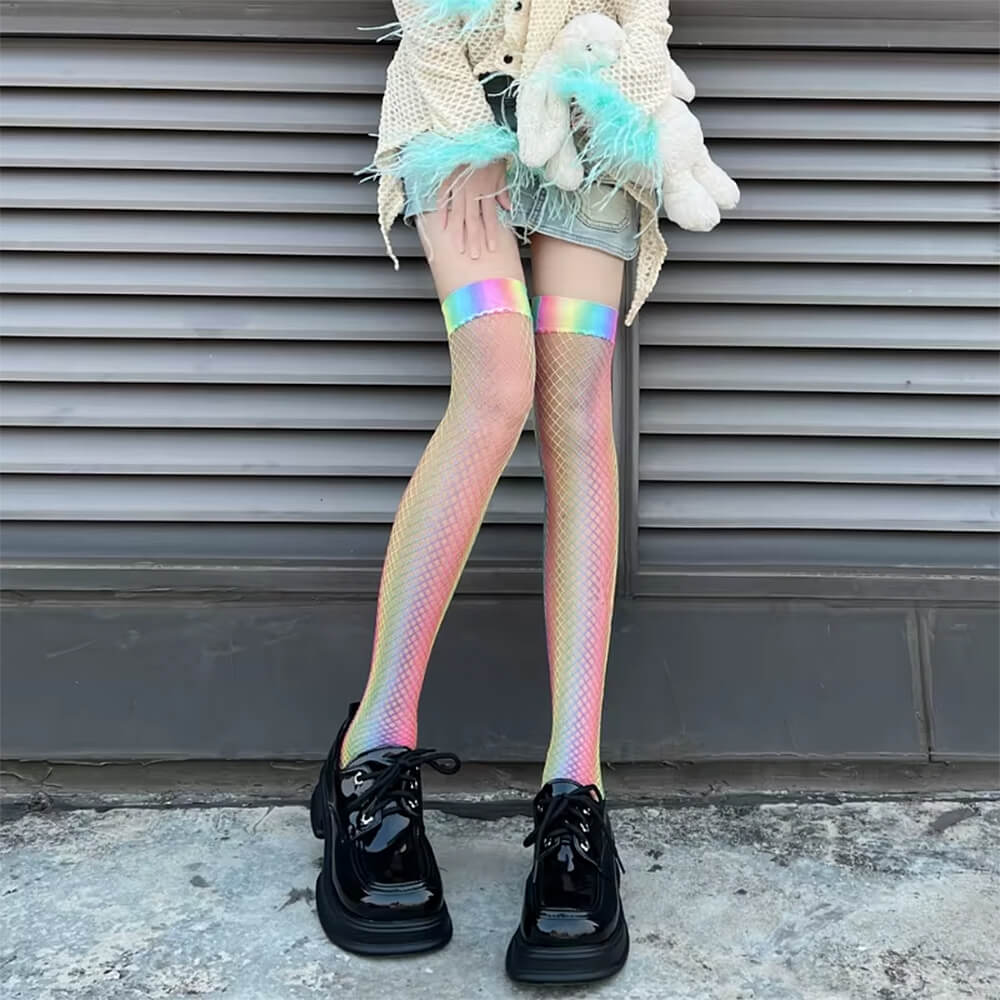 KNEE HIGHS ENCHANTED RAINBOW HOLOGRAPHIC FISHNET TEXTURE
