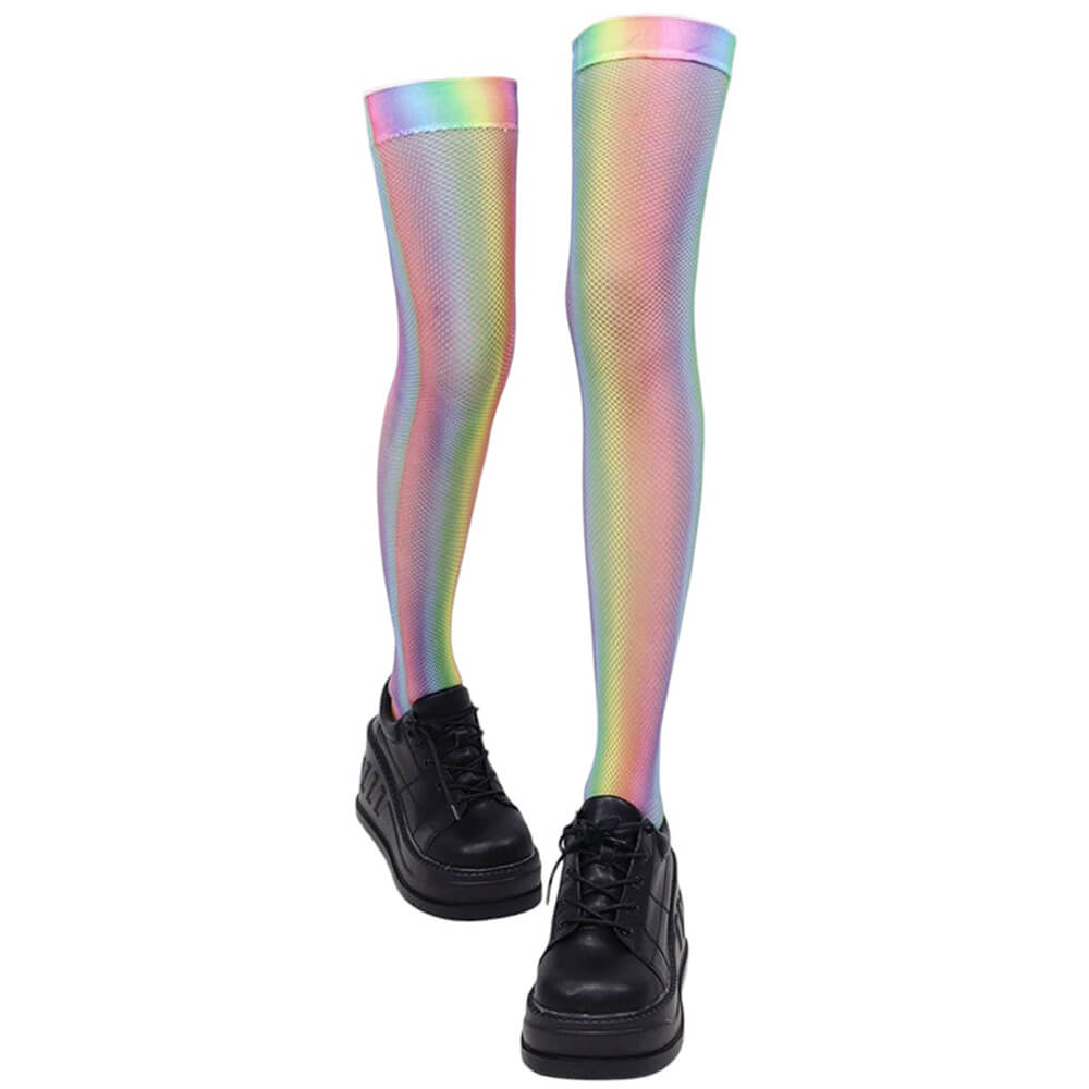KNEE HIGHS ENCHANTED RAINBOW HOLOGRAPHIC FISHNET TEXTURE