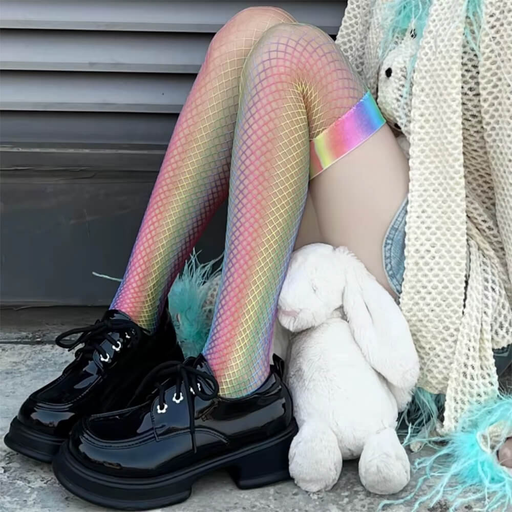 KNEE HIGHS ENCHANTED RAINBOW HOLOGRAPHIC FISHNET TEXTURE