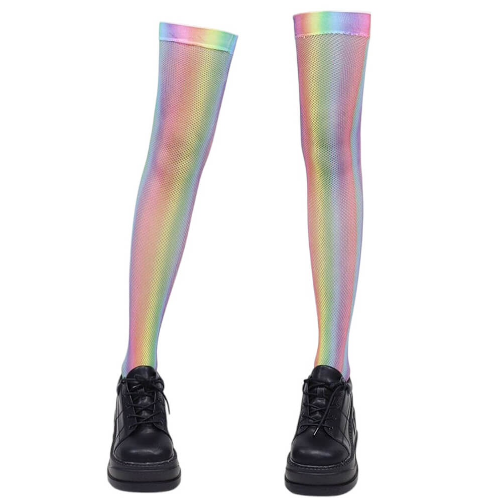 KNEE HIGHS ENCHANTED RAINBOW HOLOGRAPHIC FISHNET TEXTURE