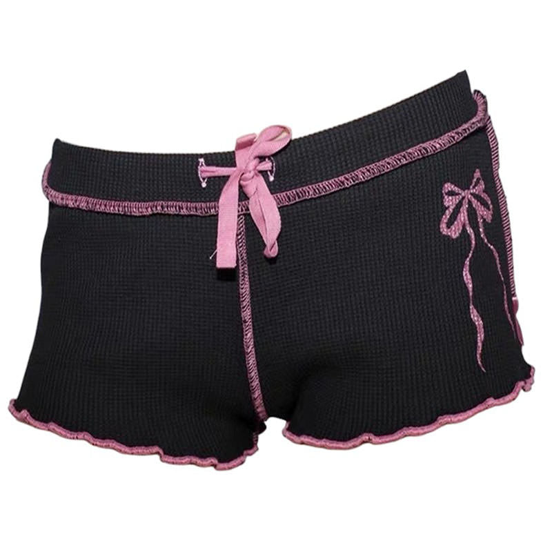 KNIT SHORTS ELEGANT BLACK COQUETTE WITH PINK STITCHING