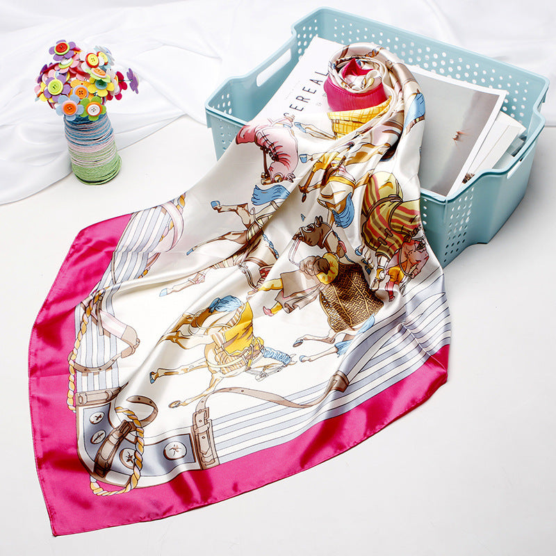 KNOTTED SILK SCARF WITH ORANGE, BLUE, AND CREAM PATTERNS - HEAD SCARF