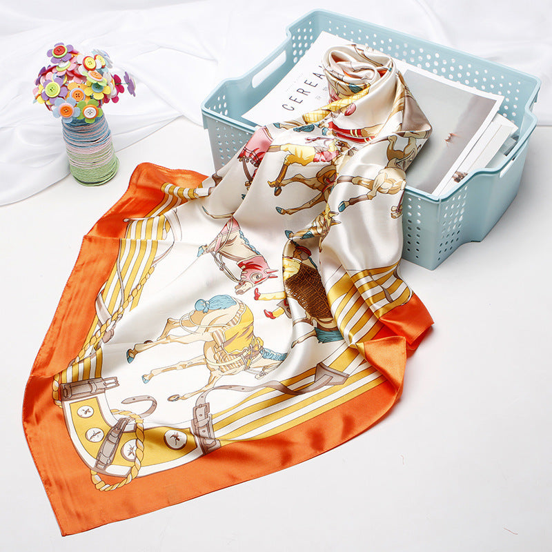 KNOTTED SILK SCARF WITH ORANGE, BLUE, AND CREAM PATTERNS - HEAD SCARF