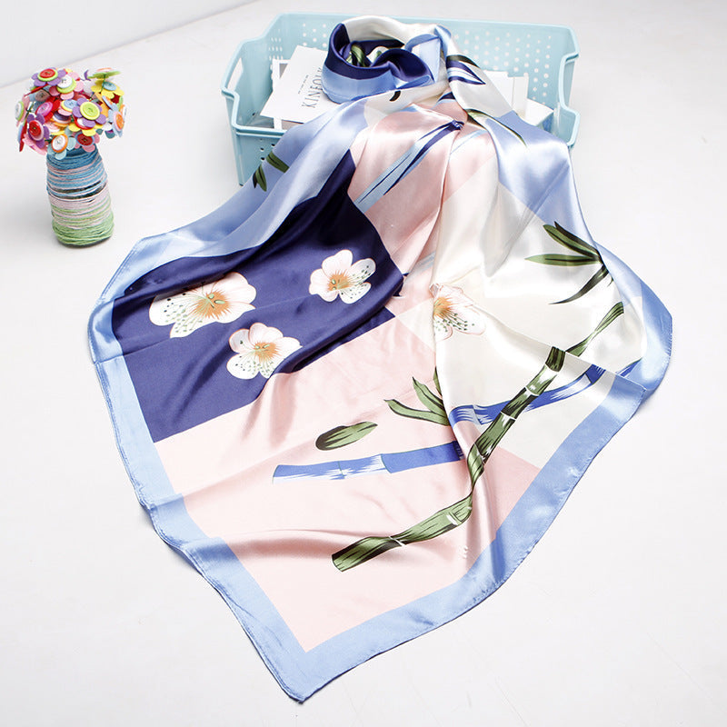 KNOTTED SILK SCARF WITH ORANGE, BLUE, AND CREAM PATTERNS - HEAD SCARF