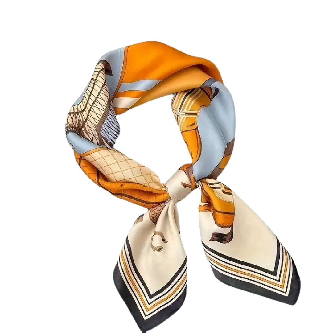 KNOTTED SILK SCARF WITH ORANGE, BLUE, AND CREAM PATTERNS - HEAD SCARF