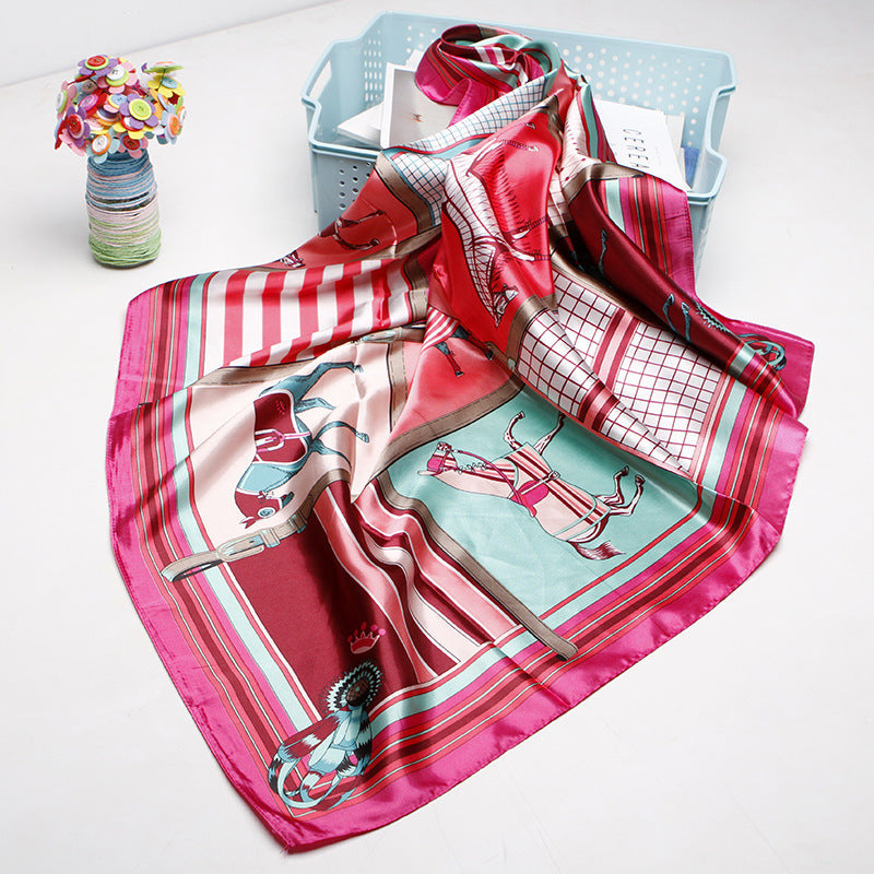 KNOTTED SILK SCARF WITH ORANGE, BLUE, AND CREAM PATTERNS - HEAD SCARF