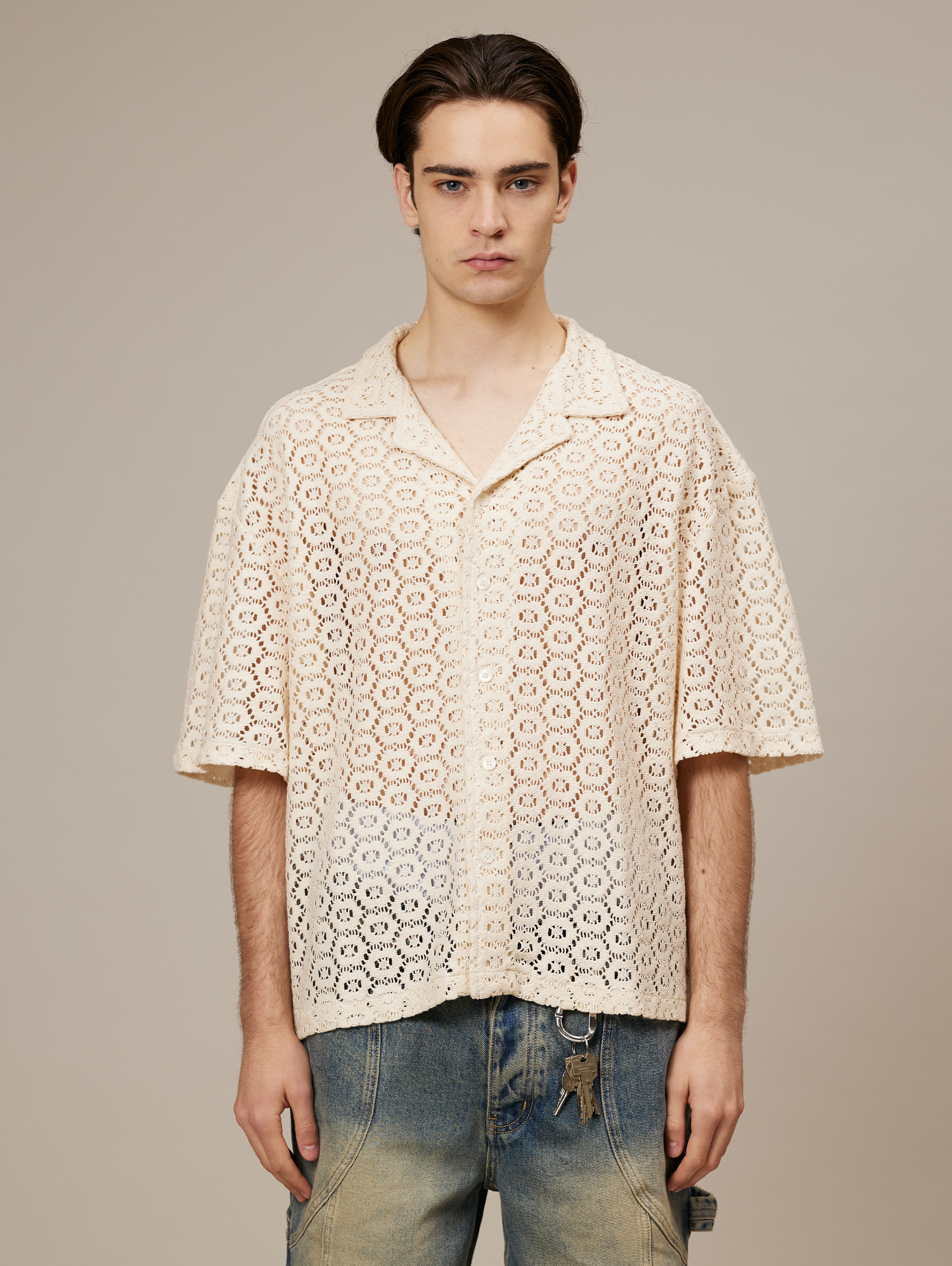 LACE BUTTON-DOWN SHIRT IN CREAM WHITE FOR LUXURY STREETWEAR