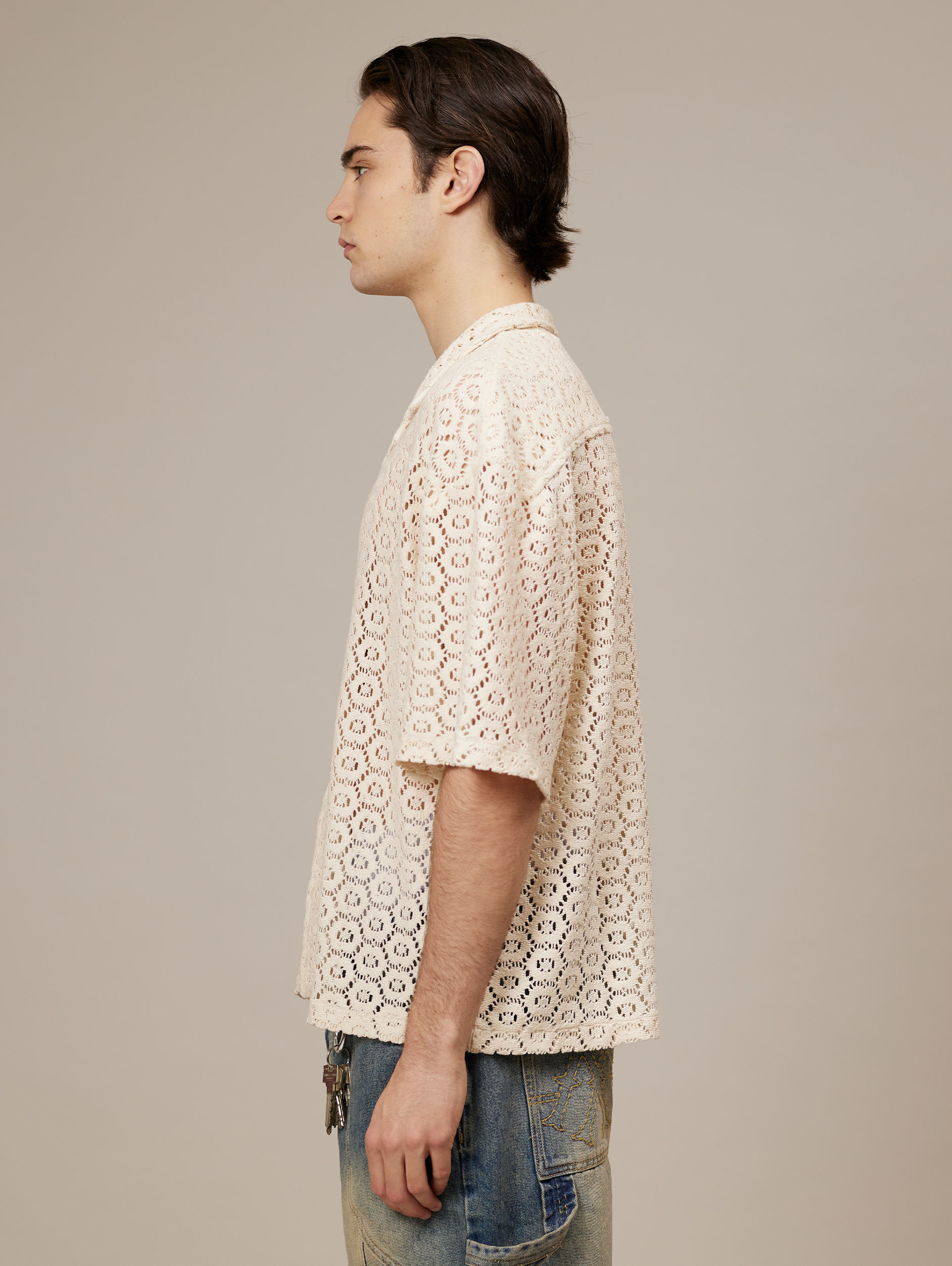 LACE BUTTON-DOWN SHIRT IN CREAM WHITE FOR LUXURY STREETWEAR