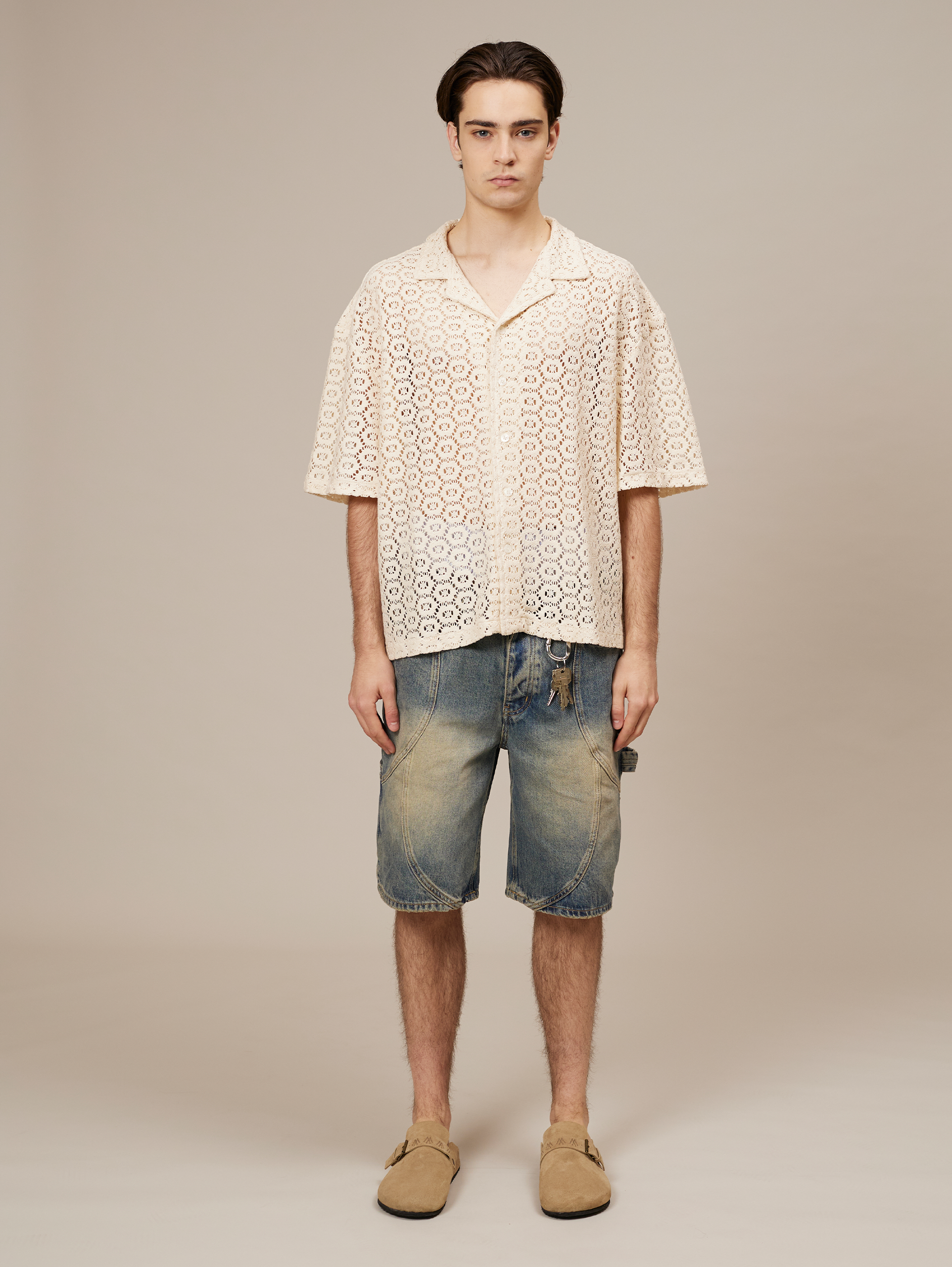 LACE BUTTON-DOWN SHIRT IN CREAM WHITE FOR LUXURY STREETWEAR