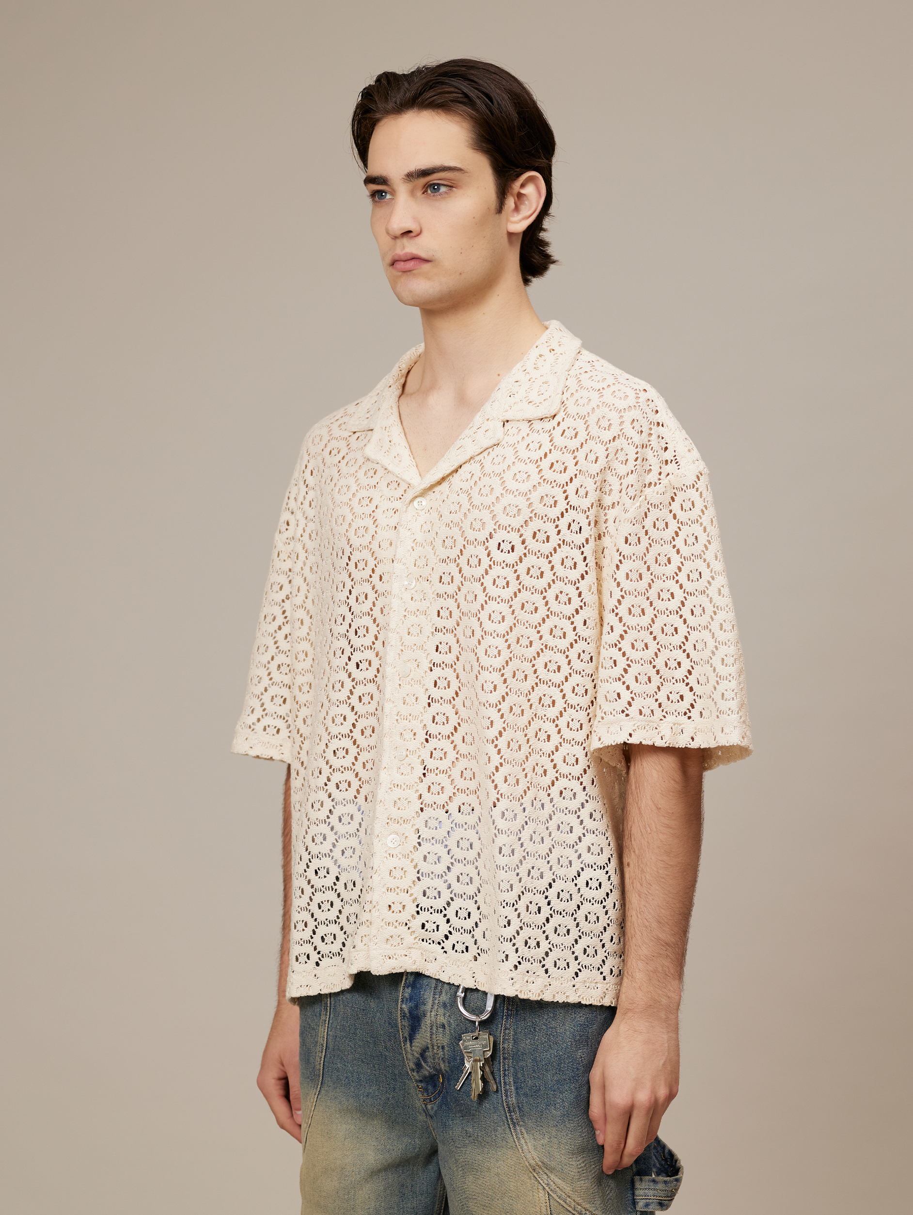 LACE BUTTON-DOWN SHIRT IN CREAM WHITE FOR LUXURY STREETWEAR