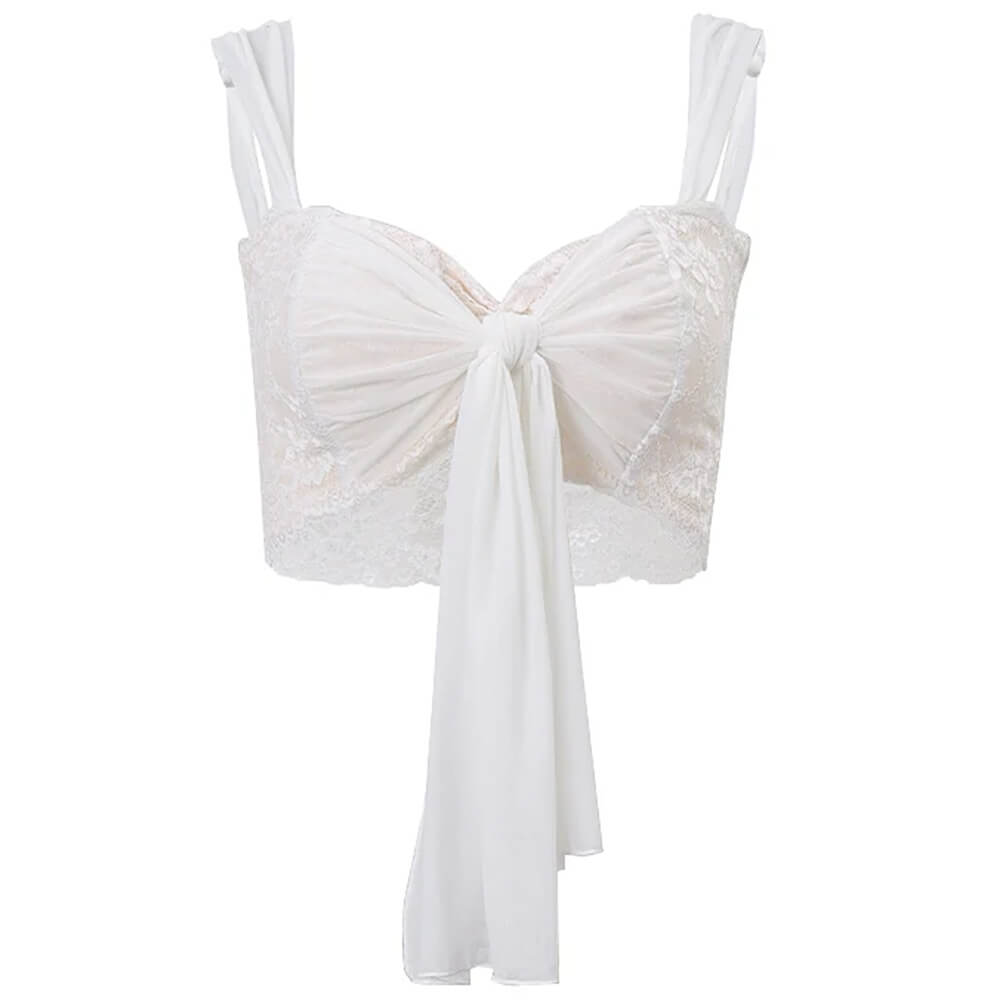 LACE CROP TOP: WHITE TIE FRONT INTRICATE LACE