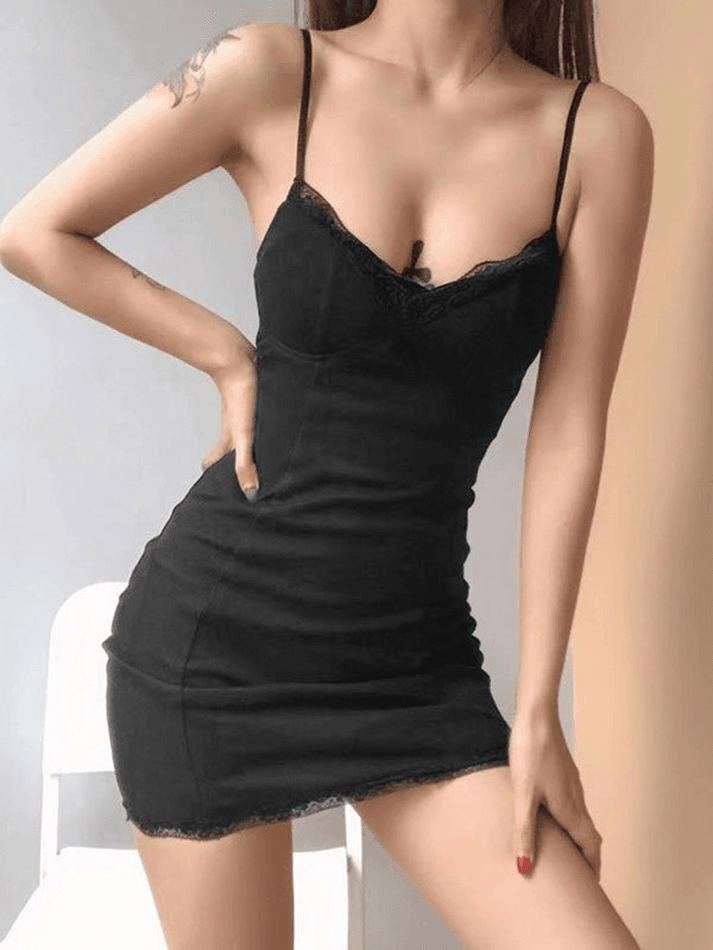 LACE MINI DRESS WITH LACE TRIM - BLACK LACE MINI