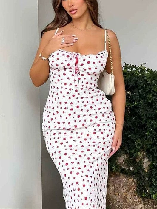 LACE PATCHWORK DRESS WITH RED POLKA DOTS