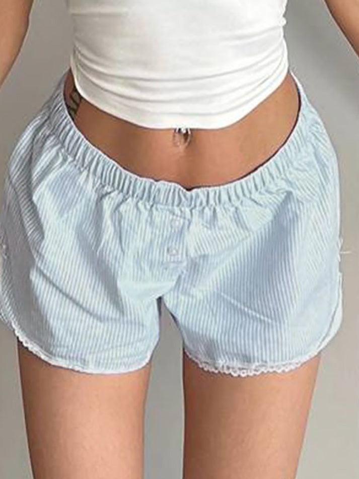 LACE TRIM STRIPED PAJAMA SHORTS WITH BLUE BOW LACE