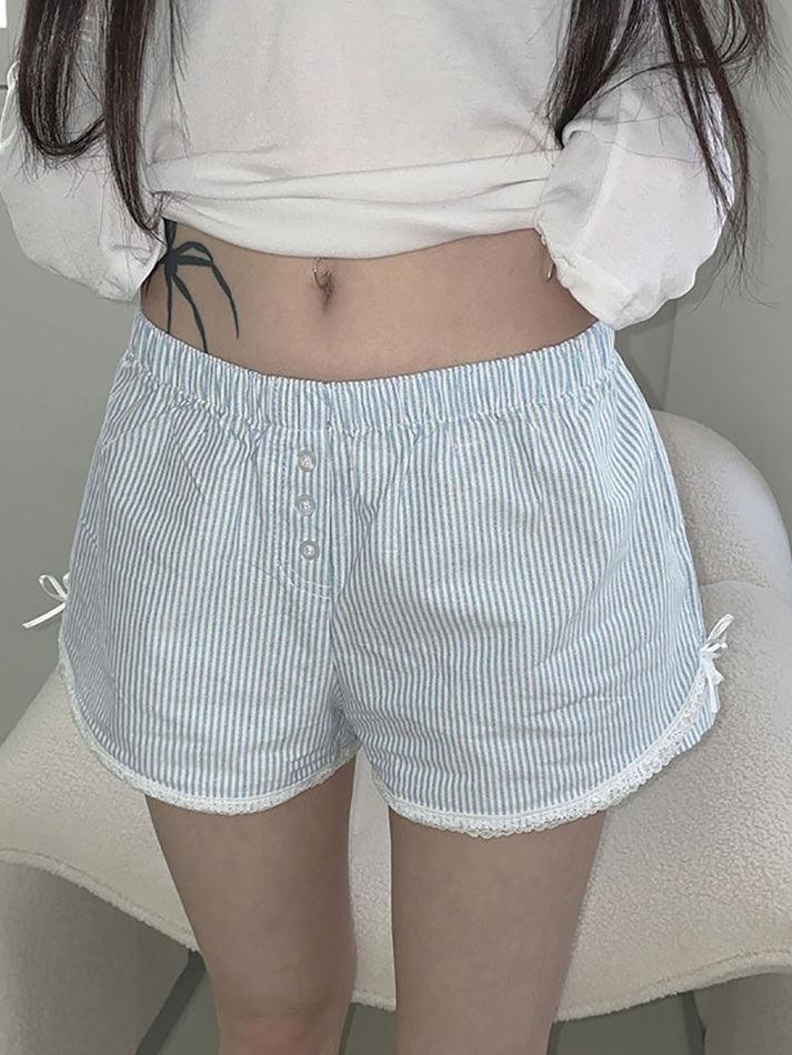 LACE TRIM STRIPED PAJAMA SHORTS WITH BLUE BOW LACE