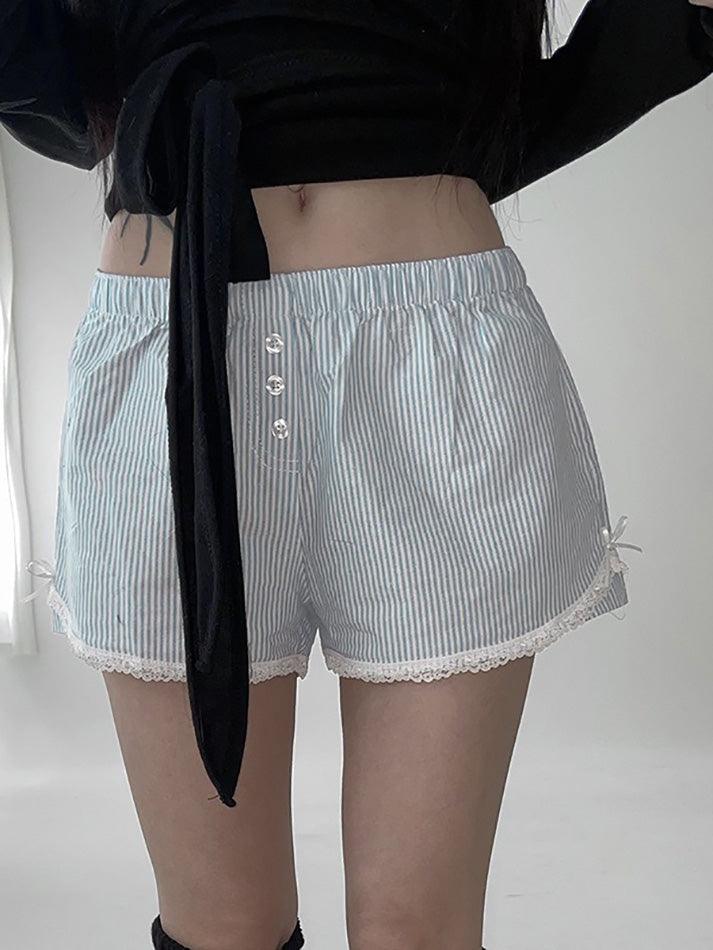 LACE TRIM STRIPED PAJAMA SHORTS WITH BLUE BOW LACE