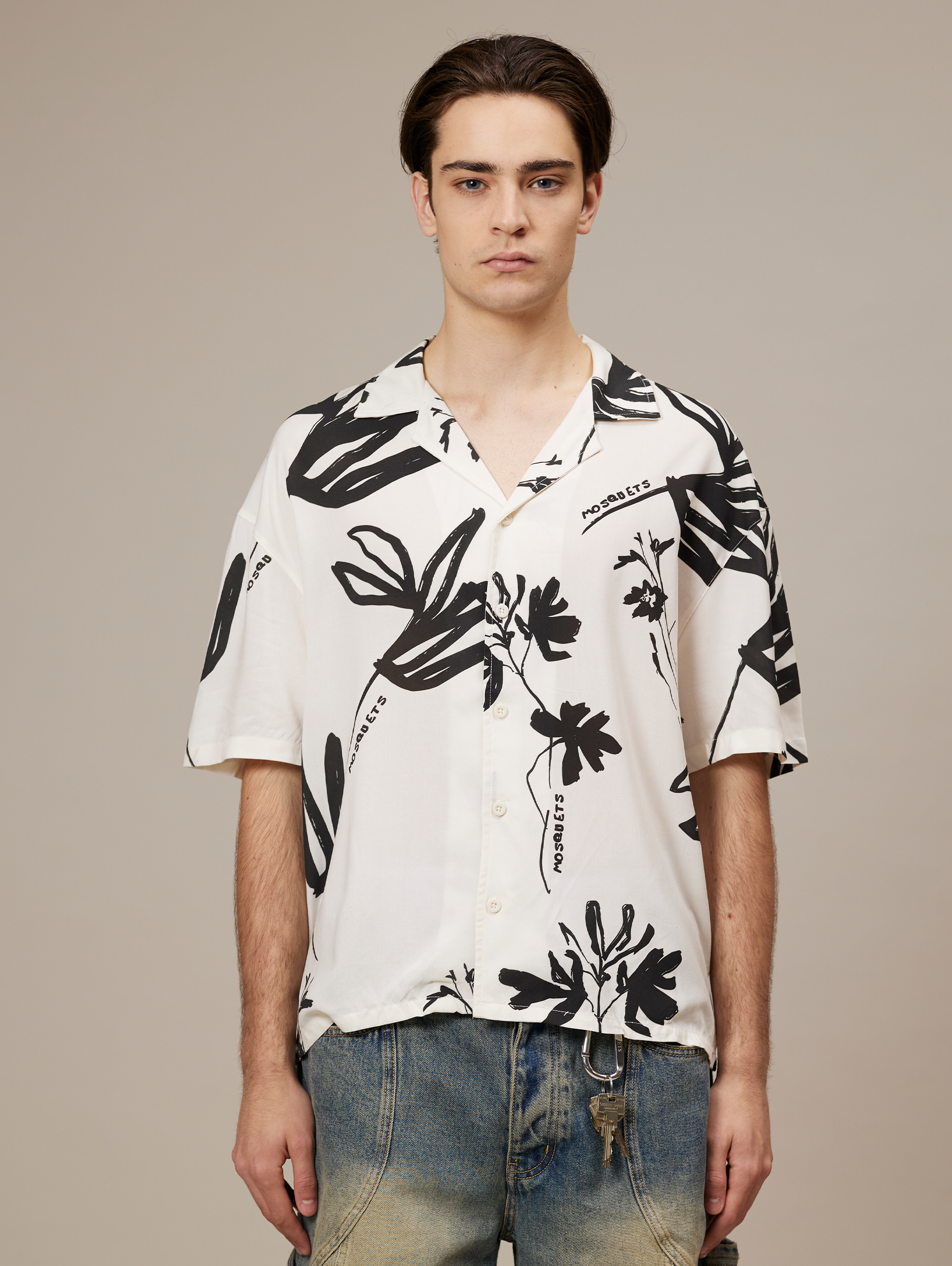 LARGE ANTIQUE WHITE FLORAL SHORT-SLEEVED SHIRT LUXURY STREETWEAR