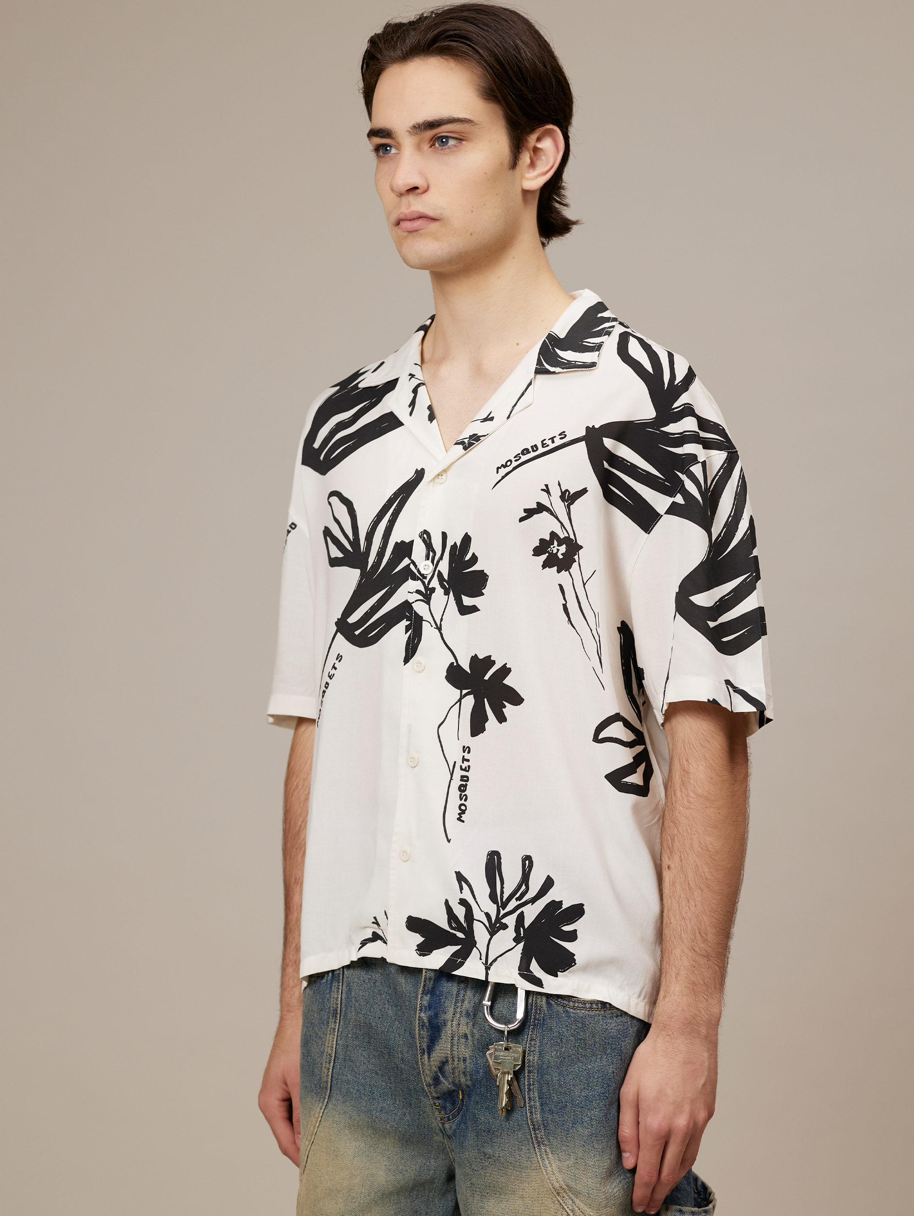 LARGE ANTIQUE WHITE FLORAL SHORT-SLEEVED SHIRT LUXURY STREETWEAR