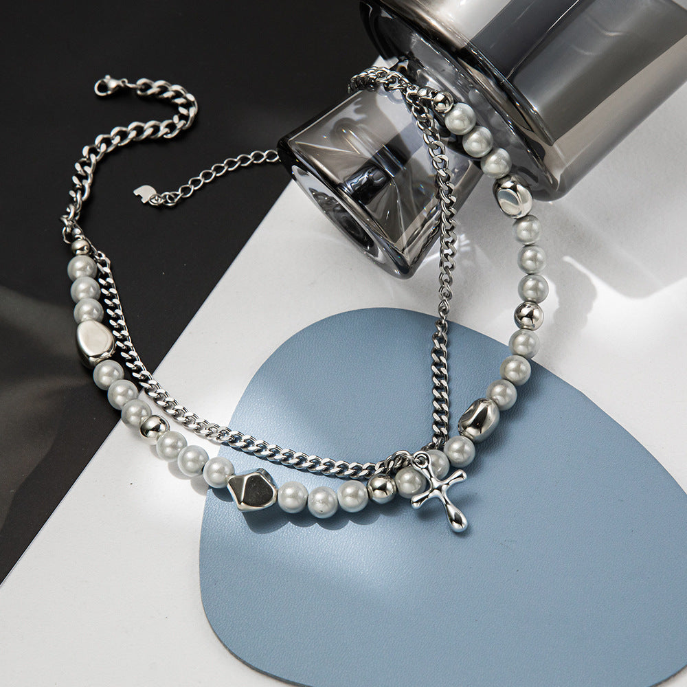 LAYERED PEARL AND CHAIN NECKLACE WITH CROSS PENDANT - UNISEX REFLECTIVE BEAD