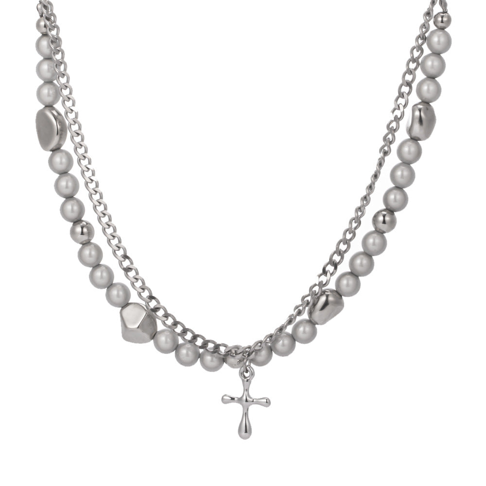 LAYERED PEARL AND CHAIN NECKLACE WITH CROSS PENDANT - UNISEX REFLECTIVE BEAD