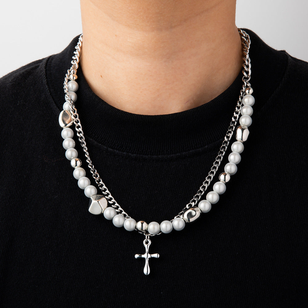 LAYERED PEARL AND CHAIN NECKLACE WITH CROSS PENDANT - UNISEX REFLECTIVE BEAD