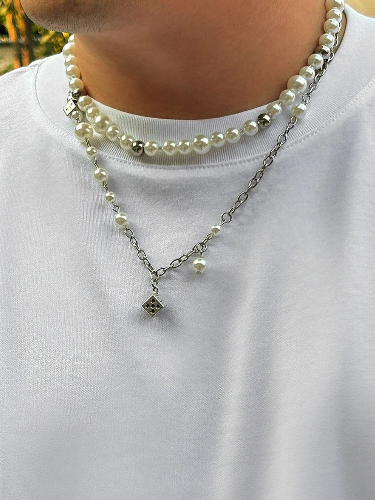LAYERED PEARL NECKLACE WITH RHINESTONES - PEARL DICE NECKLACE