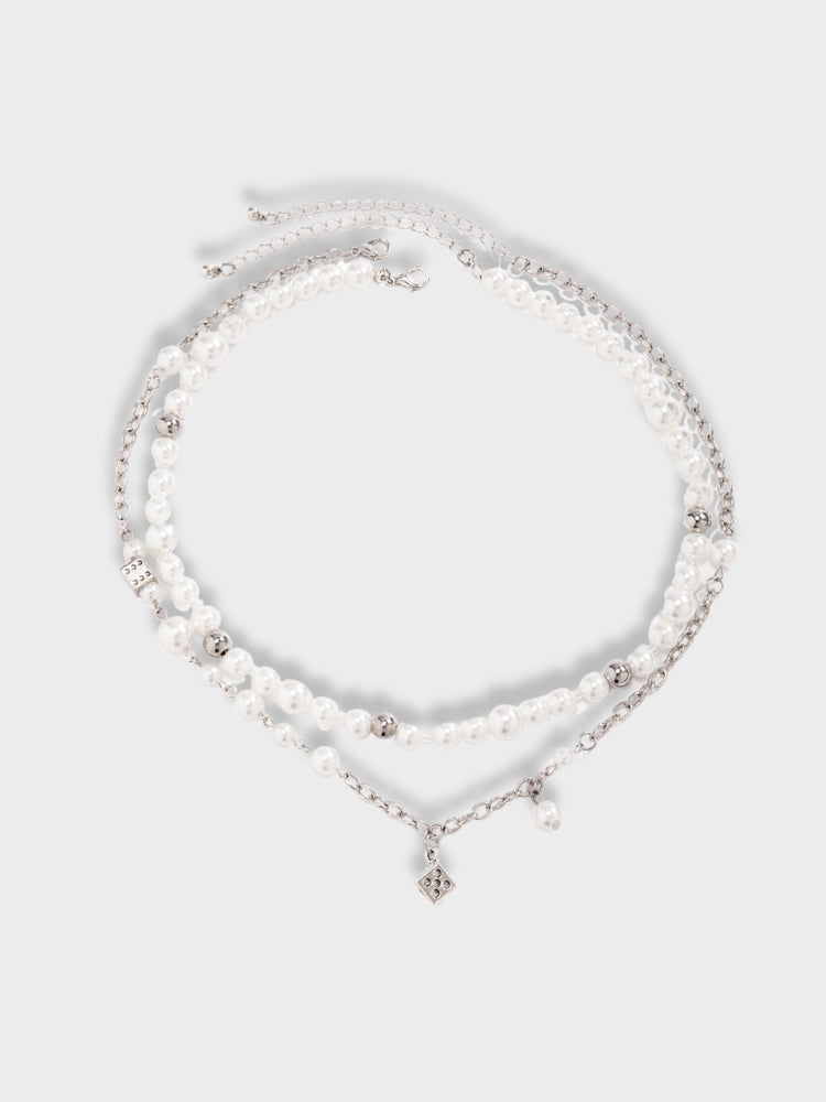 LAYERED PEARL NECKLACE WITH RHINESTONES - PEARL DICE NECKLACE