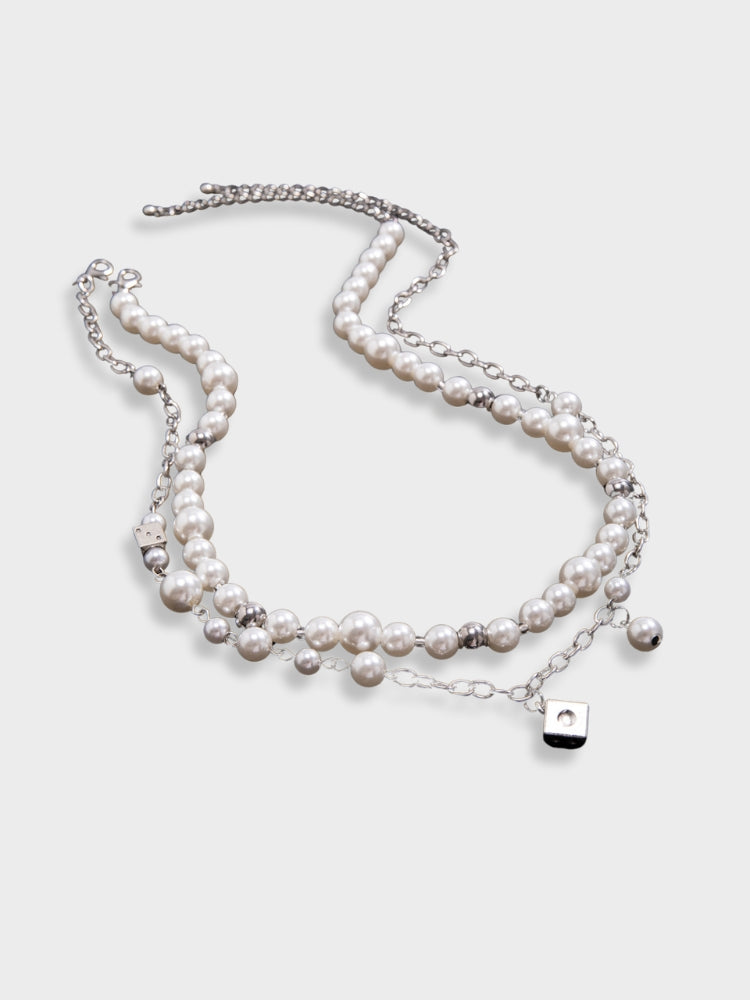 LAYERED PEARL NECKLACE WITH RHINESTONES - PEARL DICE NECKLACE