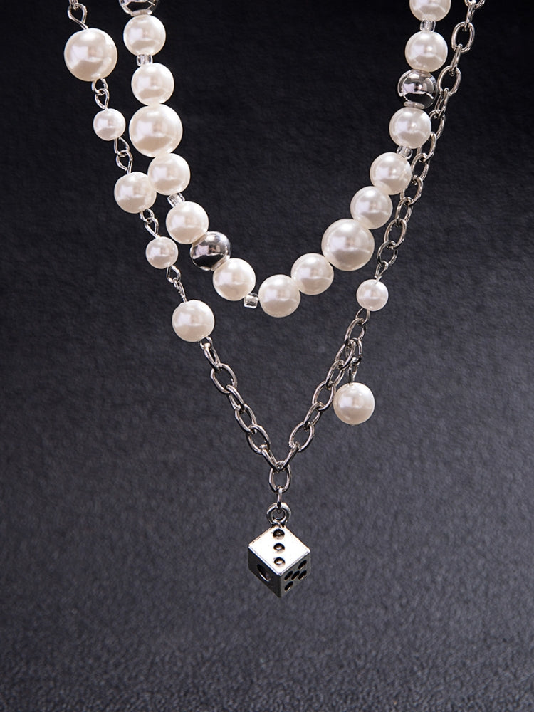LAYERED PEARL NECKLACE WITH RHINESTONES - PEARL DICE NECKLACE