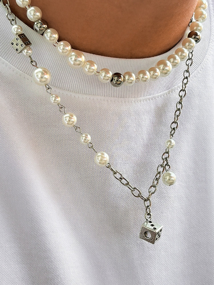 LAYERED PEARL NECKLACE WITH RHINESTONES - PEARL DICE NECKLACE