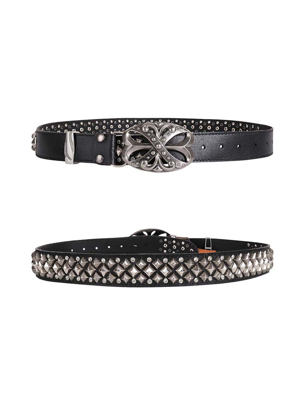 LEATHER BELT SET WITH SILVER EMBELLISHMENTS AND ORNATE BUCKLES