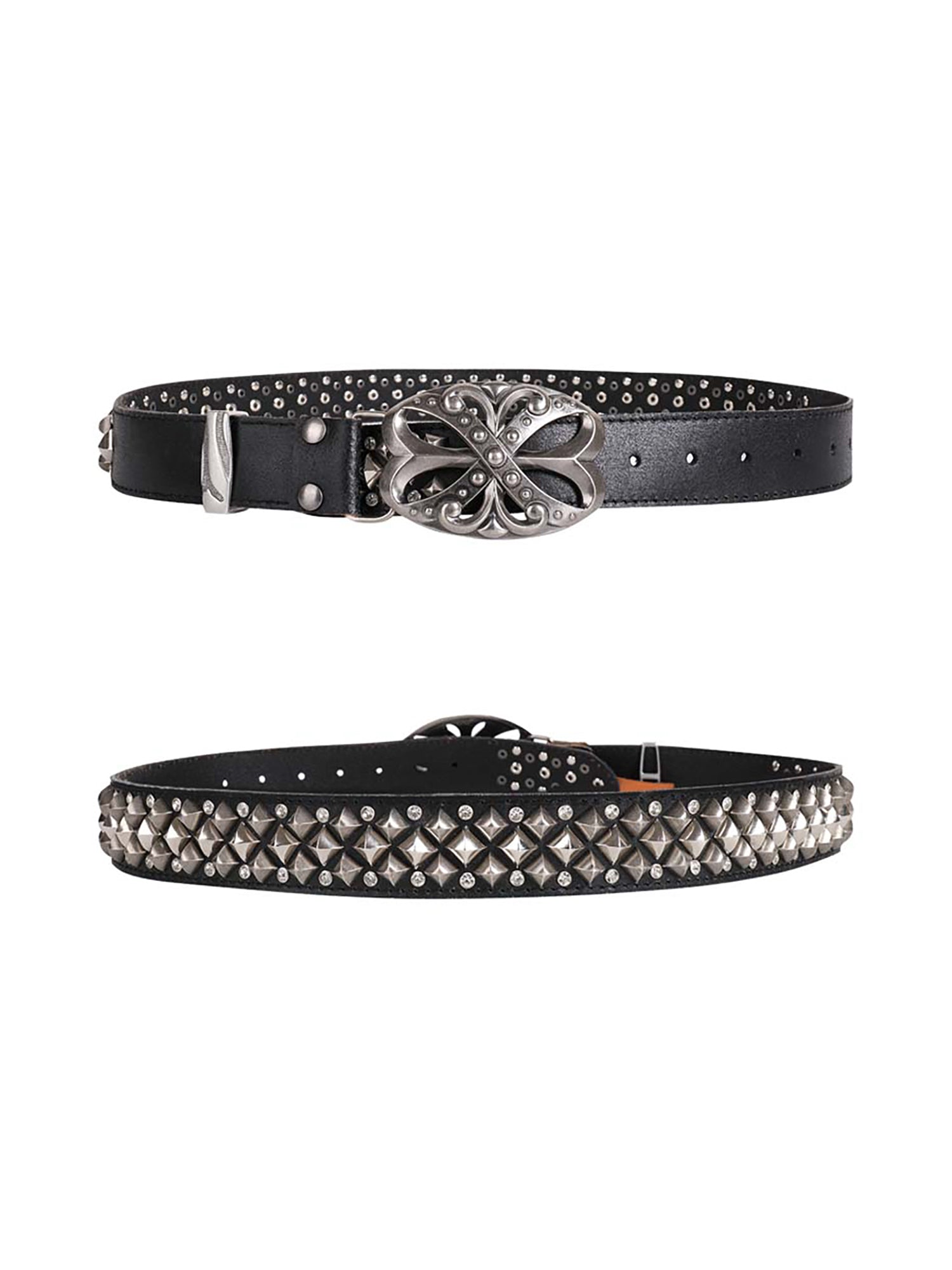 LEATHER BELT SET WITH SILVER EMBELLISHMENTS AND ORNATE BUCKLES