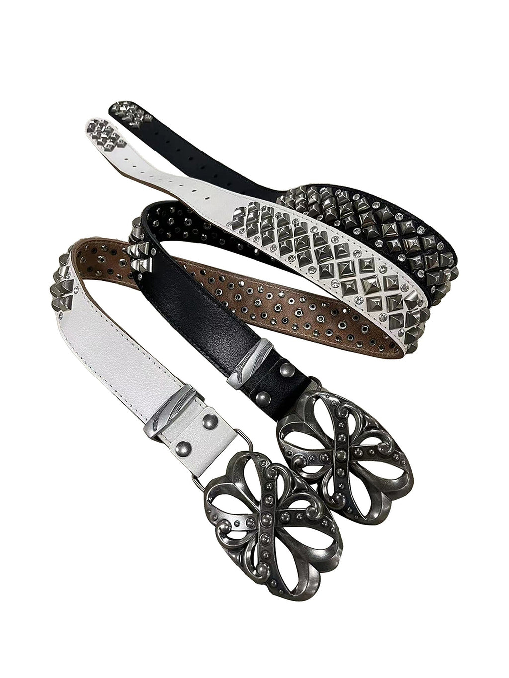 LEATHER BELT SET WITH SILVER EMBELLISHMENTS AND ORNATE BUCKLES