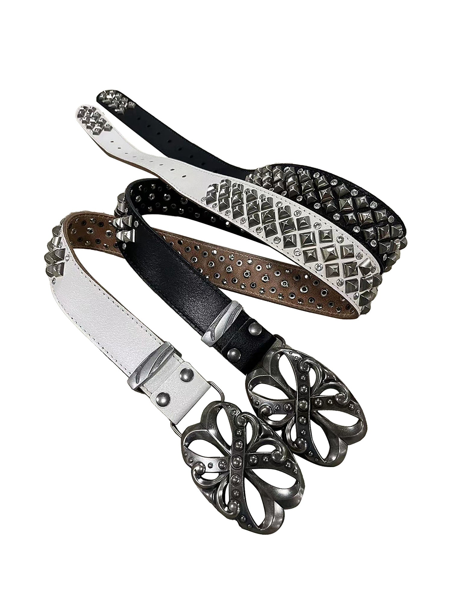 LEATHER BELT SET WITH SILVER EMBELLISHMENTS AND ORNATE BUCKLES